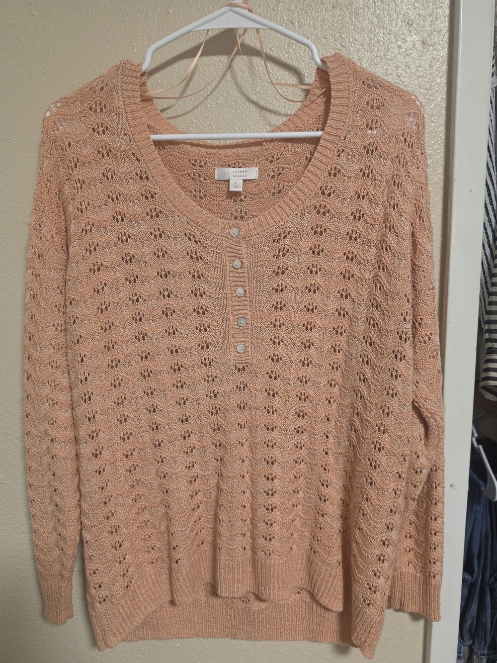 LC Lauren Conrad Peach Pointelle Scoop Henley Sweater